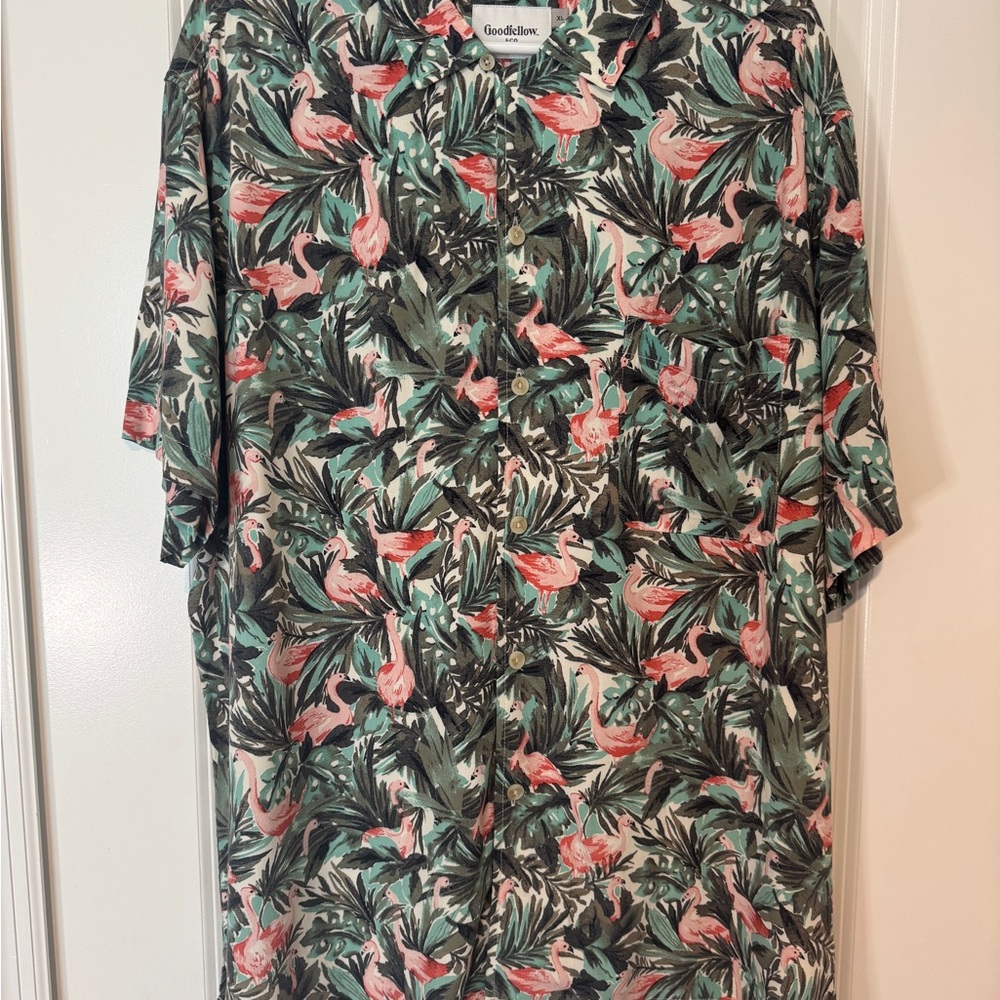 Goodfellow & Co Casual Button Down Shirt Green and Pink Tropical Design